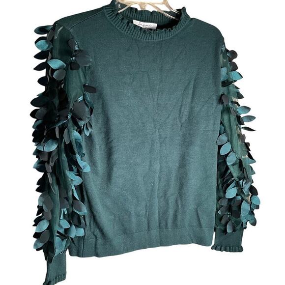 Sioni Milano Sweater Winter Green Embellished Sleeve Frill Neck Womens Large NWT - Picture 1 of 5